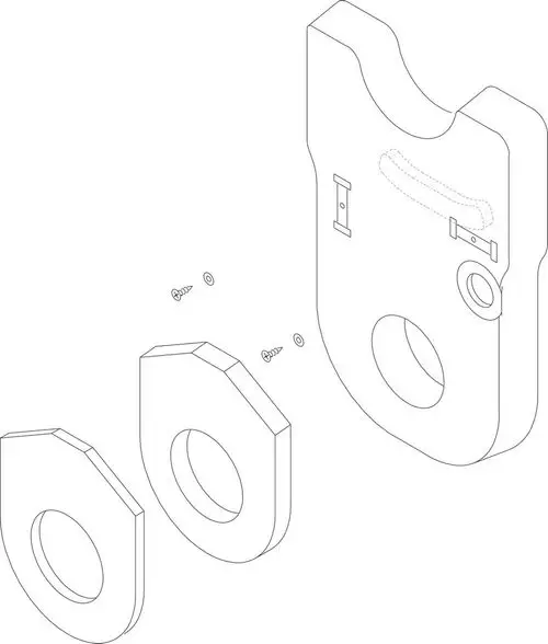 Zeichnung eines Bosch Wärmeschutzprodukts, bestehend aus einer Hauptkomponente und zwei zusätzlichen Elementen, mit Schrauben in der Nähe zur Montage.